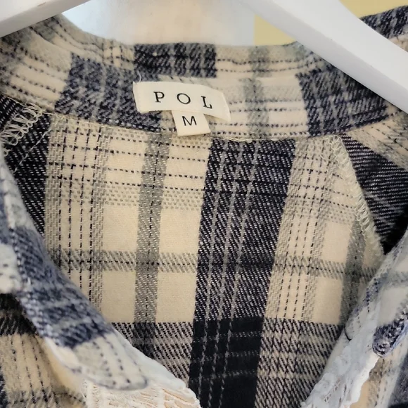 POL Blue Plaid and Cream Lace Button-Down Shirt - Picture 6 of 8
